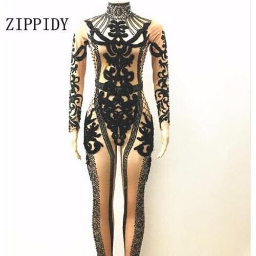 Fashion Shining Black Crystals Jumpsuit Nigthclub Performance Outfit Party Celebrate Glisten Rhinestones Costume Stage