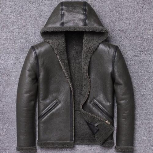 Mens Genuine Leather Jacket Hooded Vintage Short Winter Real Fur Coat Men Sheepskin Leather Jackets Shearling Wool M1901 KJ3199