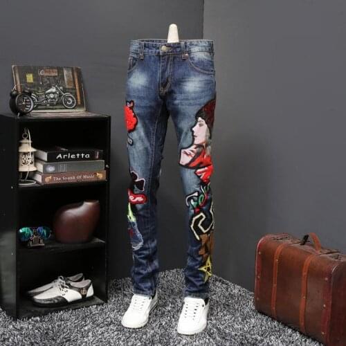 Beauty Badges Patch Destroyed Slim Jeans Mens Stretch Denim Punk Fashion Cotton Motorcycle Biker Jeans Hip Hop Pants #597