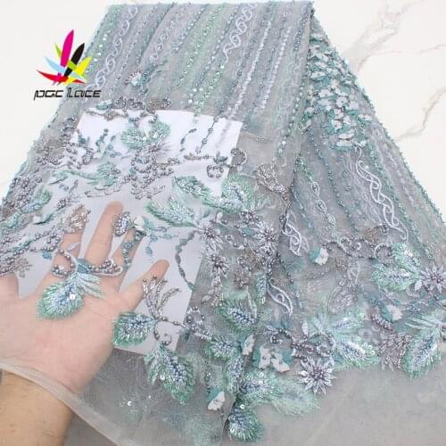 Latest French Nigerian Beads Tulle lace 2021 high quality African tulle 3D mesh sequence lace fabric for dress 5yards/lot
