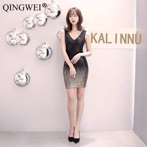 New women banquet dress noble sexy long company annual meeting host bag hip short dress skirt S M L XL Black gold green silver