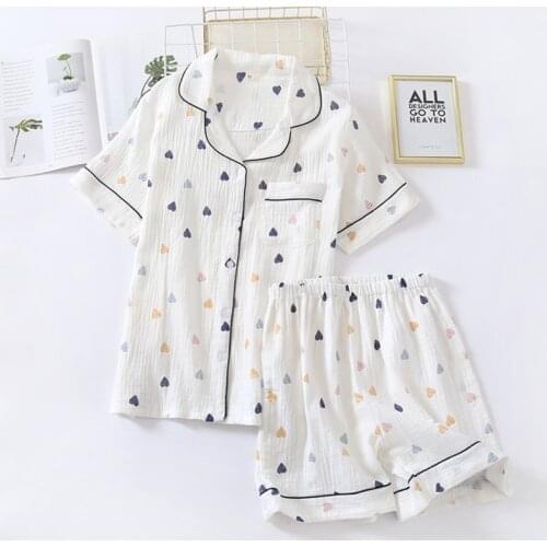 Japanese Summer New Ladies Short Sleeve Shorts Pajamas Suit Cute Heart-Shaped Thin Section Home Service Suit Woman 2pcs