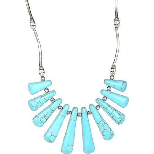 Silver Plated Stackable Geometric Green Turquoises Stone Pendant Link Chain Necklace Charm Jewelry