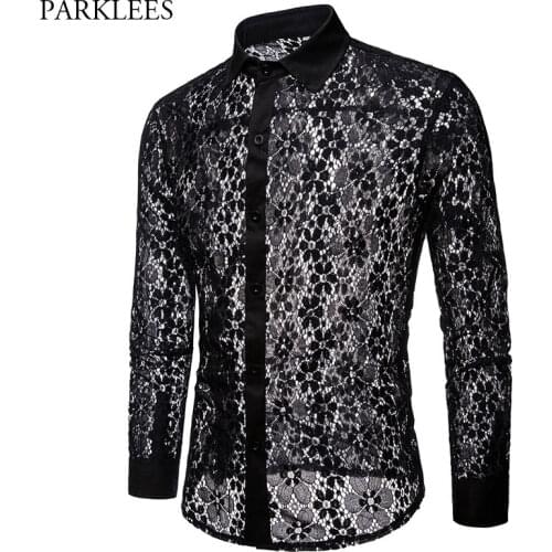 Luxury Floral Embroidery Lace Shirt Men 2018 Brand New Transparent Sexy Dress Shirts Mens See Trough Club Party Black Shirt Male