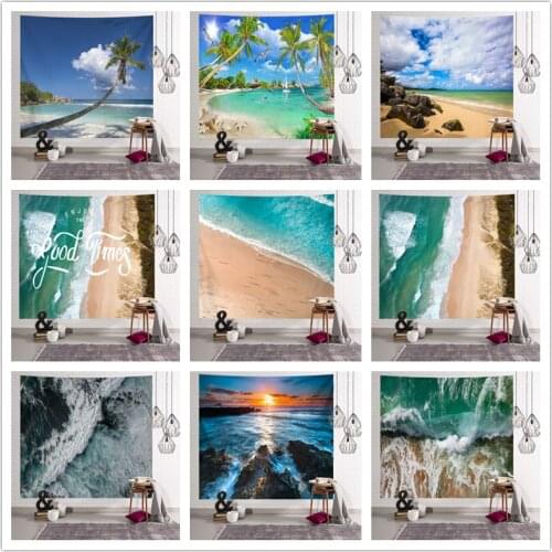 Sun Sea Tapestry Ocean Beach Wall Hanging Water Landscape Beach Decoration Blue Cloud Blue Frothy Blanket