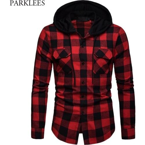Fashion Red Black Plaid Hoodie Shirt Men Slim Fit Long Sleeve Mens Hooded Shirts Hipster Buffalo Plaid Shirt With Double Pockets