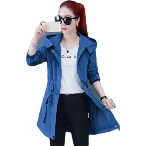 Trench Coat Girl 2021 Spring Autumn New Korean Fashion Casual Letter Plus Size Adjustable Waist Hooded Windbreaker Feminina N811