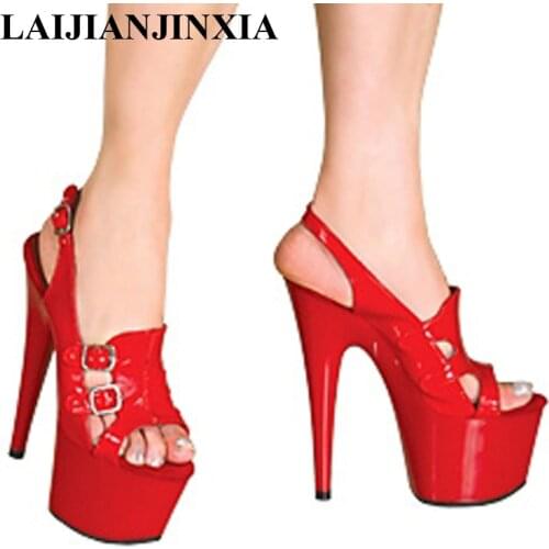 LAIJIANJINXIA Buckle Red 17cm High-Heeled Sandals Nightclub Dance Shoes Pole Dancing Shoes Model High Heels Womens Shoes G-085