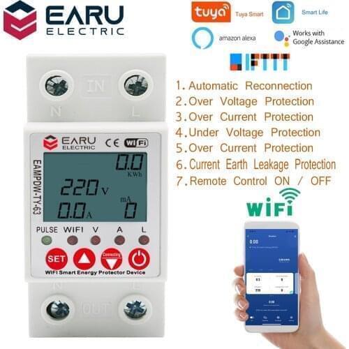 2P 63A TUYA APP WiFi Smart Circuit Earth Leakage Over Under Voltage Protector Relay Device Switch Breaker Energy Power kWh Meter
