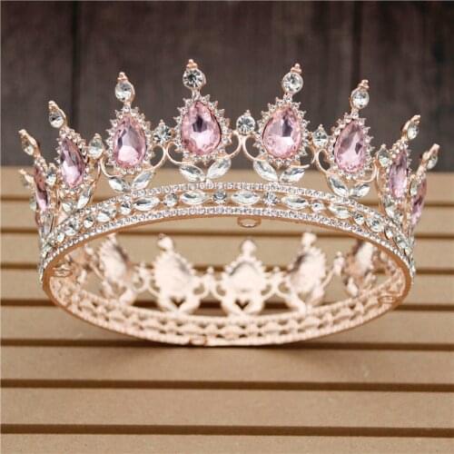 Gorgeous Pink Crystal Wedding Crown Rose Gold Flower Tiaras and Crowns Royal Queen King Bridal Diadem Hair Jewelry Pageant