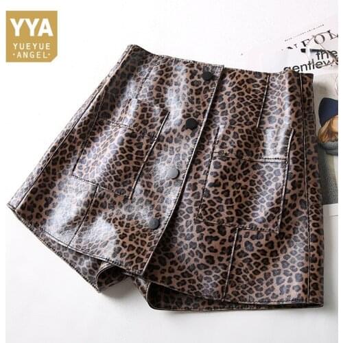 Spring Shorts Women Sheepskin Genuine Leather Shorts Black Brown Leopard Print High Waist Pocket Short Feminino Sexy Hot Shorts