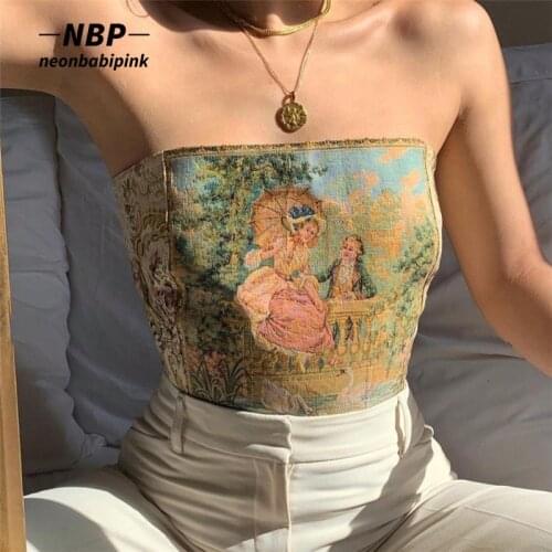 NEONBABIPINK Vintage Printed Corset Top Fairycore Aesthetic Clothes Summer 2021 Sexy Crop Top Cottagecore Graphic Tanks N71-BI12