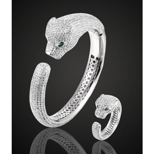 High Quality Cubic Zircon Leopard bangle ring set For Men Jewelry Copper Animal Bangles Pulseira Mujer Womens Love Bangles set