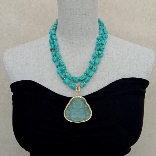 YYGEM Natural 2strands Green Turquoise Nugget Green Jade Carved Buddha Pendant 18" Necklace Religious Style for women
