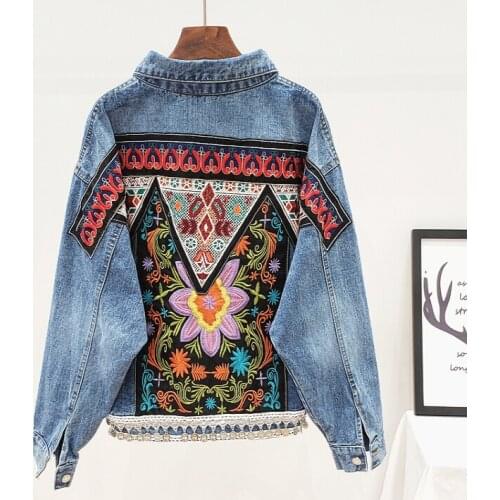 Womens autumn winter casual loose vintage embroidery denim jacket female high waist plus size jean jacket TB822