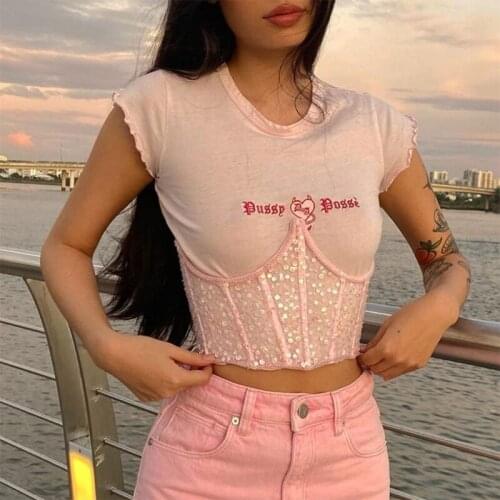2021 Women Short Sleeve O-Neck T-Shirt with Sequins Zip Up Underbust Corset Girdle Letters Embroidery Crop Top Outfits Set