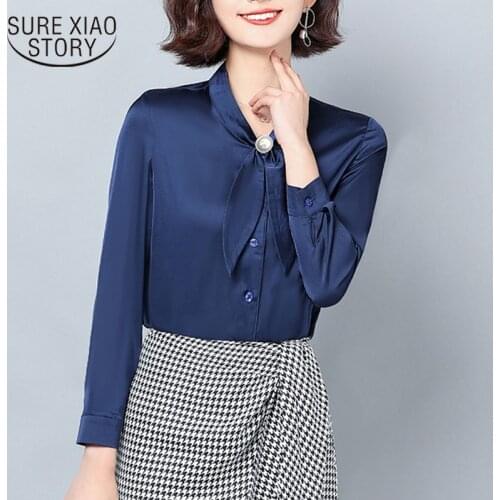 2021 Office Lady Long-Sleeve Bow Women Blouse Autumn Silk Solid Shirt Women Plus Size Button Cardigan Female Clothing Tops 10854