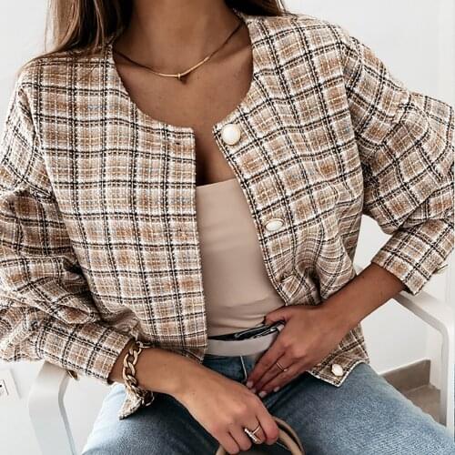 2021 Vintage Autumn Winter Casual Jackets Coat Fashion Womens Casual Lattice Printed Buttons Long Sleeve Tunic Blouse Shirt
