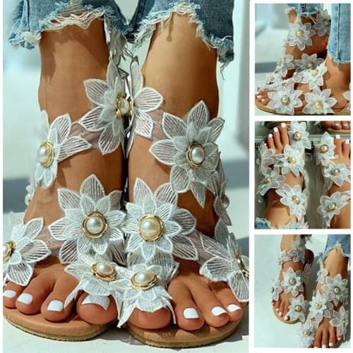 Women Sandals Boho Style Summer Shoes For Women Flat Sandals Beach Shoes 2021 Flowers Flip Flops Chaussures Femme 6 Colors 35-44