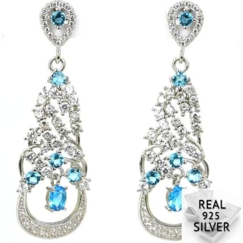 6.8g Real 925 Solid Sterling Silver Elegant Paris Blue Topaz Womans Engagement Stud Earrings 48x15mm