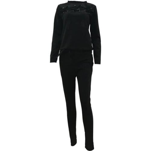 Women 2Pcs Tracksuit Cut Out Lace Up Sweatshirt Pants Solid Color Sport Outfit