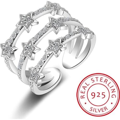 Hot Fashion 925 Sterling Silver Multi-Layer CZ Zirconia Star Rings For Women anillos de prata Resizable Rings Bague S-R176