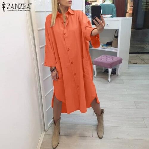 Women Solid Midi Shirt Dresses 2021 Autumn Lapel Long Sleeve Vestido Lady Casual Baggy Robe Femme ZANZEA Oversized Fashion Dress