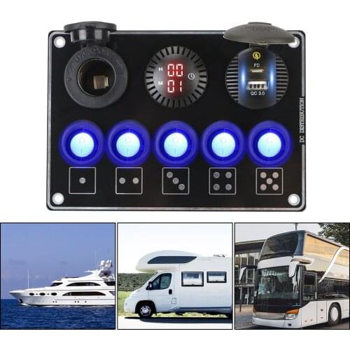 12/24V 5 Gang Waterproof Car Switch Panel LED Voltage Display for RV Car Marine QC3.0 Quick Charge PD USB Car Accessories