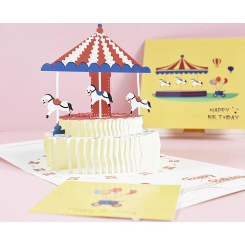 3D Pop-Up Cards Carousel Cake Birthday Card for Girl Kids Wife Greeting Card Postcards Gifts Card with Envelope