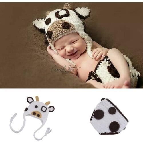 White Milk Cow Infant Baby Girls Hat Diaper Set Photography Props Knitted Newborn Coming Home Outfits Cute Baby Animal Costume
