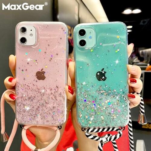 Starry Glitter Clear Soft Case For iPhone 11 Pro X XS MAX XR 6 6S 7 8 Plus Necklace Lanyard Strap Phone Case for iPhone SE 2020