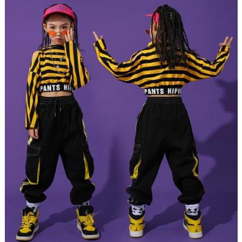 Kids Performance Hip Hop dance Outfits stripe Sweatshirt Tactical Cargo Pants For Girls Jazz Dance Costume Clothes street Wear