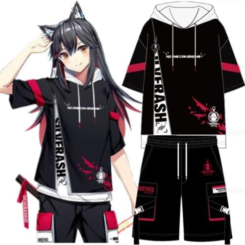 Anime Arknights Texas Cosplay Summer Fashion Hooded T-shirt Men Women Cotton Short Sleeve Tee Tops Casual Shorts Set Student