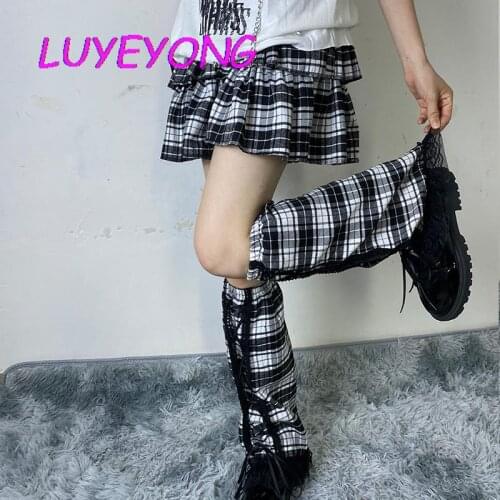 Lady Lace-up Ribbon Lace Leg Warmers Gothic Y2k Girl Street Leg Warmer Goth Long Socks Japanese Harajuku Black Plaid Foot Covers
