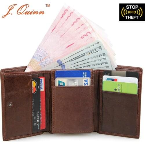 J.Quinn Genuine Leather Trifold RFID Wallet for Women Men with ID Flap Credit Card Dollar Mens Short Wallets Cowhide Woman Purse