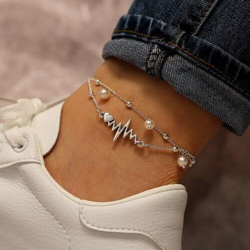 Creative simple inlaid pearl foot chain silver ECG foot chain set 2 pieces