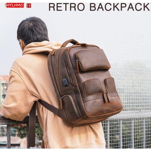 Crazy Horse Leather Men Backpack Multifunctional Outdoor Shoulder Bag Travel Backpack Charging USB Computer Bag Student Backpack