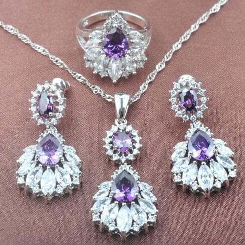 AAA Quality Purple Crystal Womens Wedding Silver Color Jewelry Sets Necklace Pendant Earrings Ring Birthday GiftsTZ0479