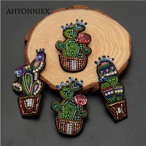 AHYONNIEX India Silk Badage Cactus Patches DIY applique Pin On mental Brooch Clothes Shoes Bags Decoration Creative Badge