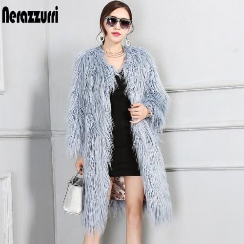 Nerazzurri Winter Fake Fur Jacket Women Shaggy Hairy Female Faux Fur Coat Long Light Blue Furry Plus Size Outerwear 5XL 6XL 7XL