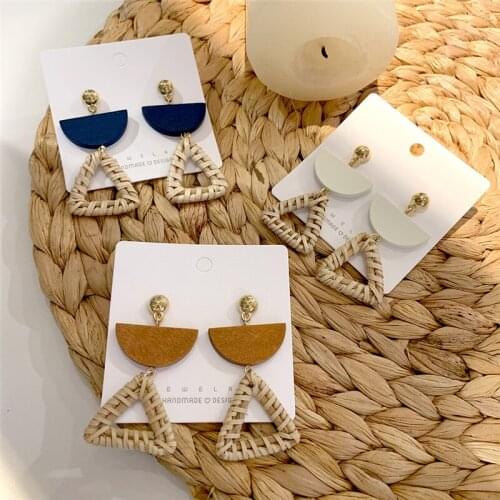 New Fashion Bamboo Wooden Straw Weave Rattan Woven Geometric triangle Long Earrings Bohemian For Women Beach Party Jewelry Gift