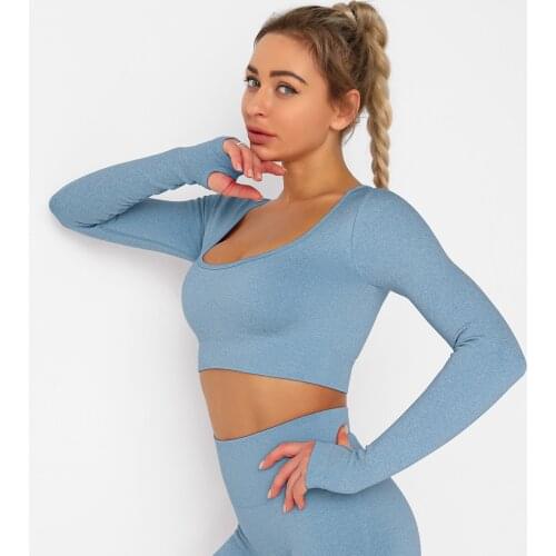 Semaless Solid Color Knitted Long Sleeve Sports Gym T-shirt Quick Drying Breathable Running Crop Yoga Clothes Top Fitness Suit