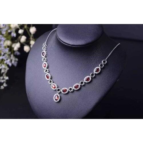 Natural red garnet Necklace natural gemstone Pendant Necklace S925 Sterling silver trendy elegant Round women wedding Jewelry