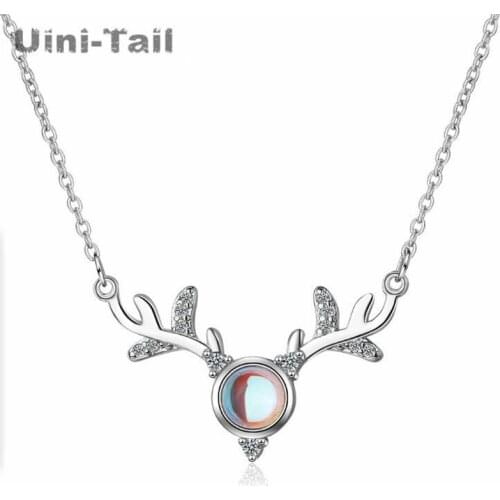Uini-Tail Hot New Products 925 Sterling Silver Elk Micro Inlaid Necklace Artificial Moonstone Mesh Red Jewelry Fashion Trend
