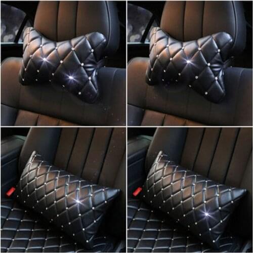 Car Headrest Pillow Leather with Crystal Waist Supports Seat Rest Back Lumbar Pillows For Interior Accessories For Women Gilrls