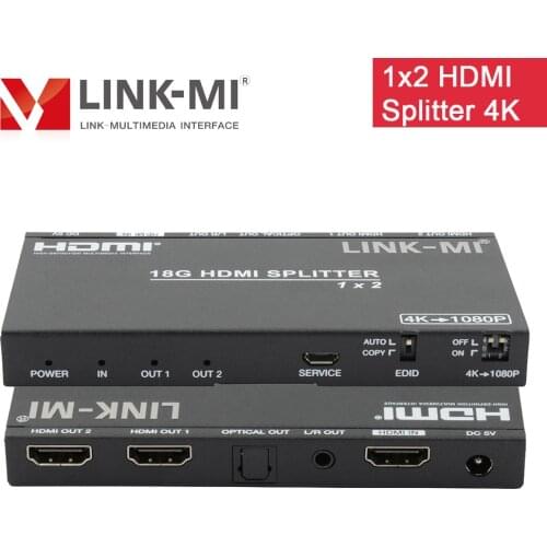 LINK-MI 1x2 HDMI 2.0 Splitter with Scaler/Audio Extract 4K HDCP 2.2 EDID AV Audio Video Splitter