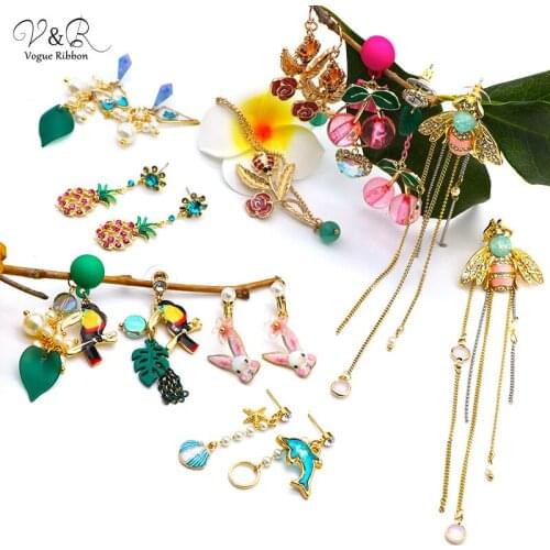 New Trendy 2020 Spring Summer Earring Animal Enamel Bird Dolphin Rabbit Butterfly Flower Pearl Pineapple Fruit Ladybug Earrings