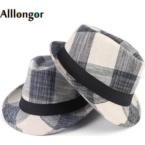 New Fashion Fedora Hat Men Fashion Summer Sun Hats 2021 Casual Spring Short Brim Plaid Print Jazz Cap Beach Sunhat