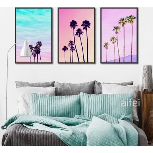 Nordic Minimalist Colorful Coconut Tree Landscape Decorative Pictures Wall Art Canvas Painting Home Decor Posters and Prints