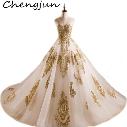 Chengjun Sweetheart Neck Gold Lace Vintage Ball Gown 2019 Wedding Dress